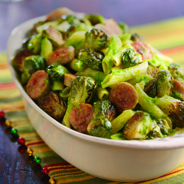Pesto Pasta with Sweet Italian Sausage and Roasted Brussels Sprouts