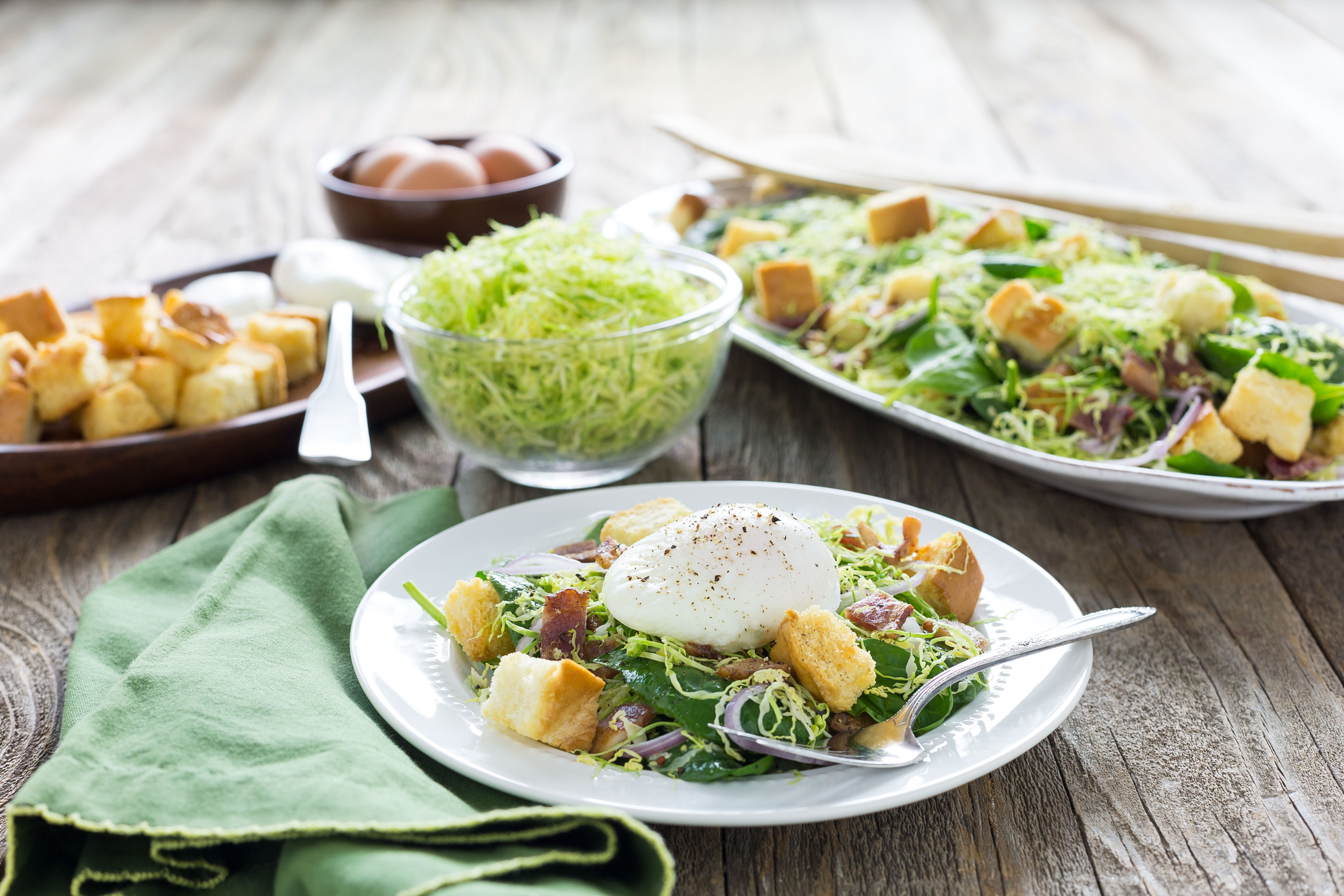Lyonnaise Salad with Brussels Sprouts and Spinach