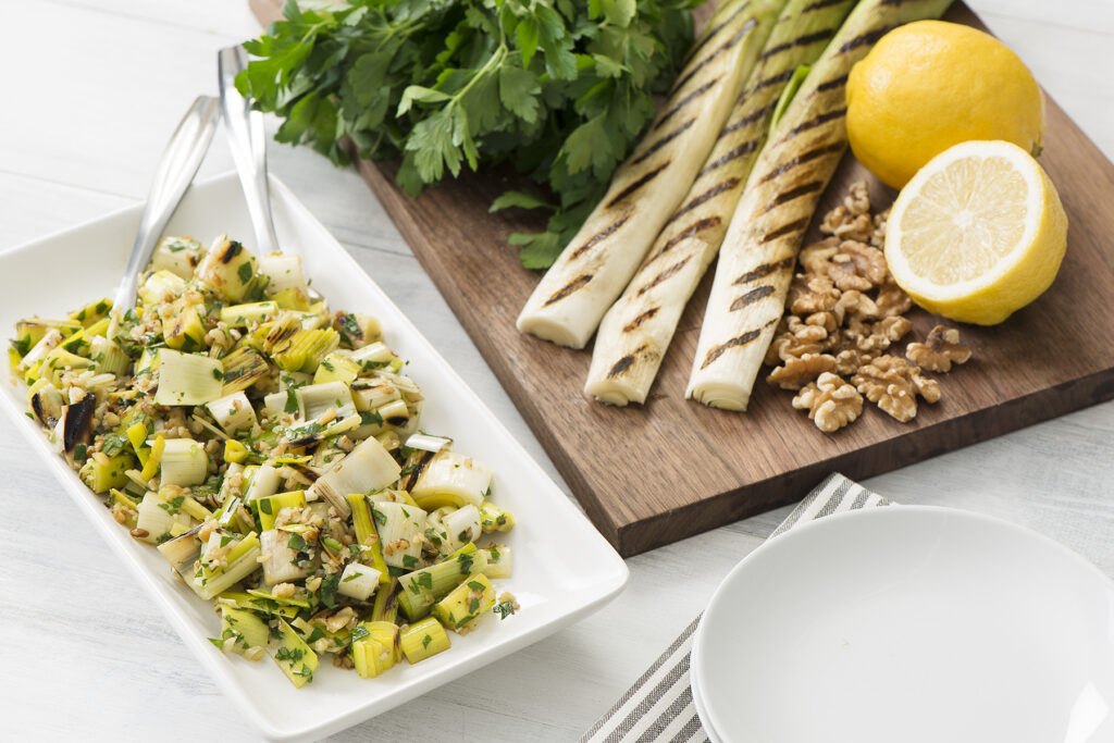 Grilled Leeks with Walnuts and Herbs
